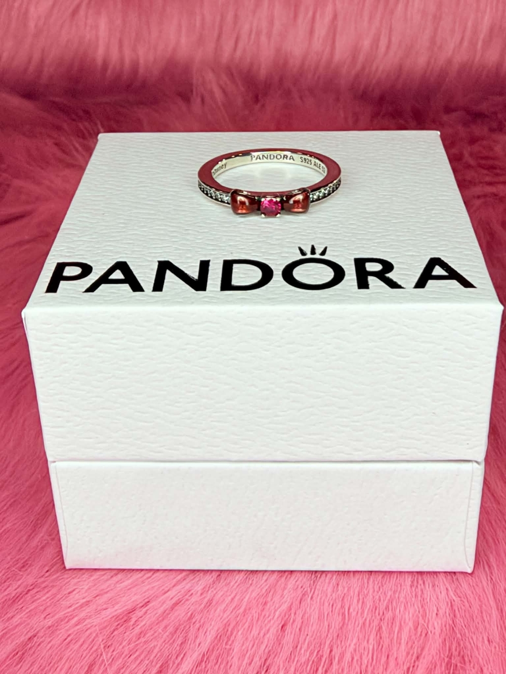 Pandora Silver Ring with Pink Bow and Pink Stone